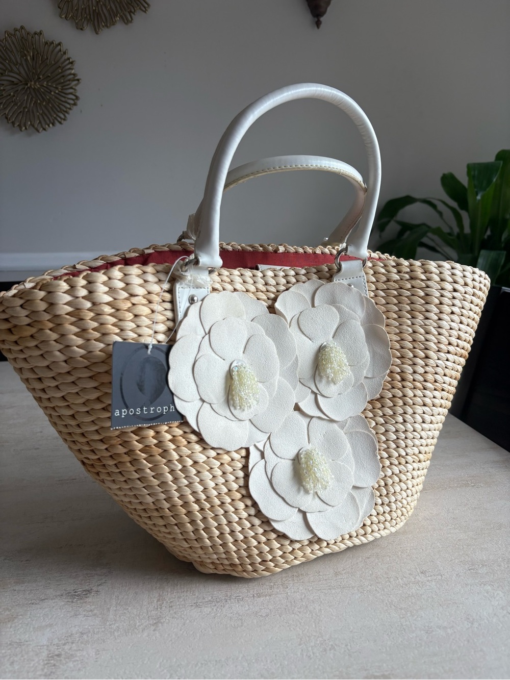 Apostrophe Natural Straw Tote with White Floral Appliqués